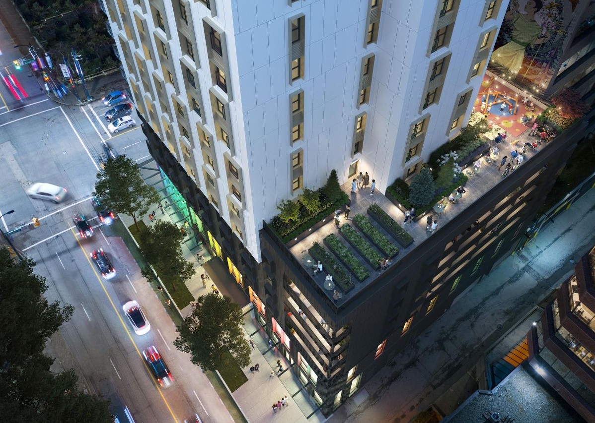 The gorgeous view highlights the children's playground, community garden, proximity to rich night life and overall curb appeal of the new development.