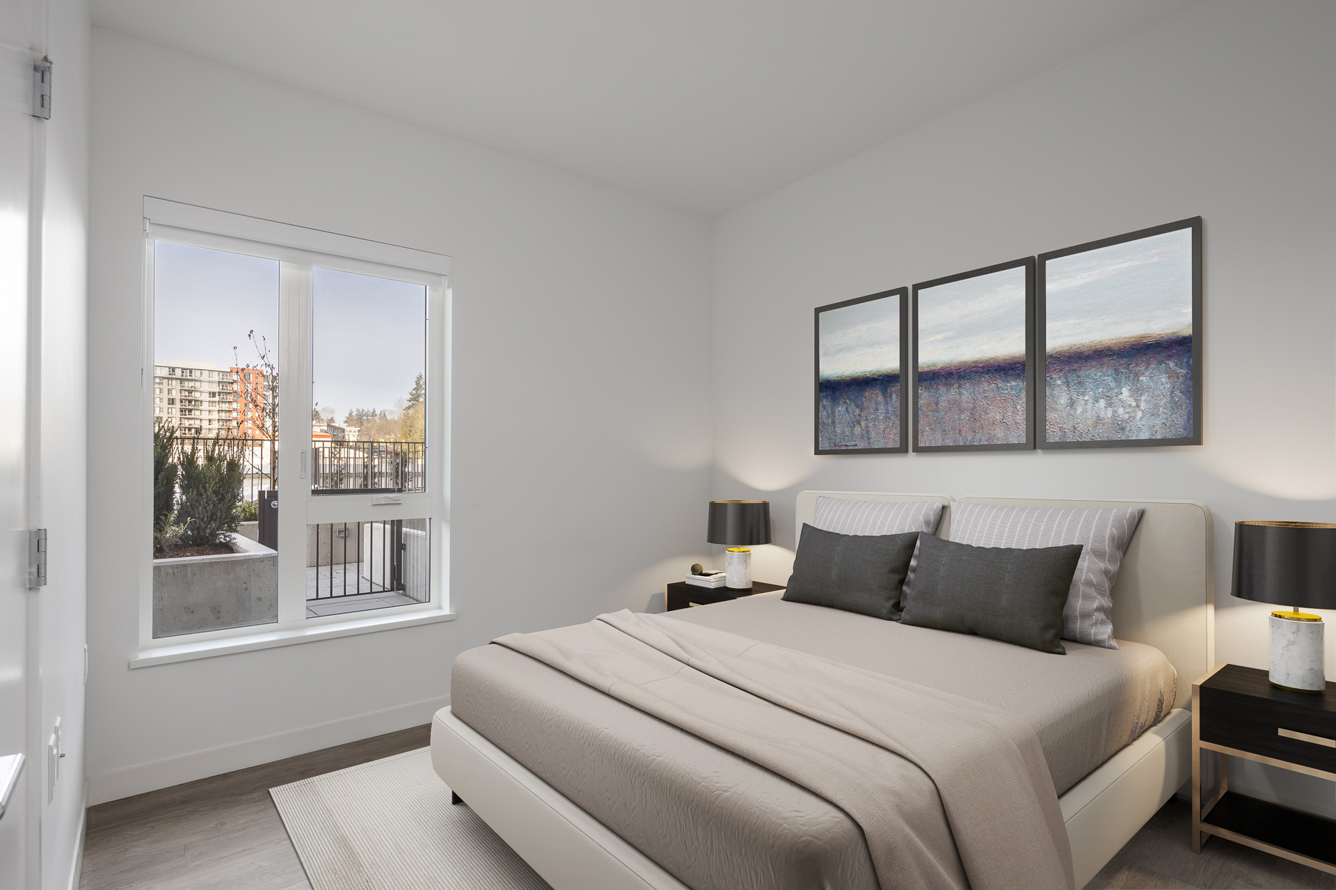 Interior bedroom of a newly built apartment building.