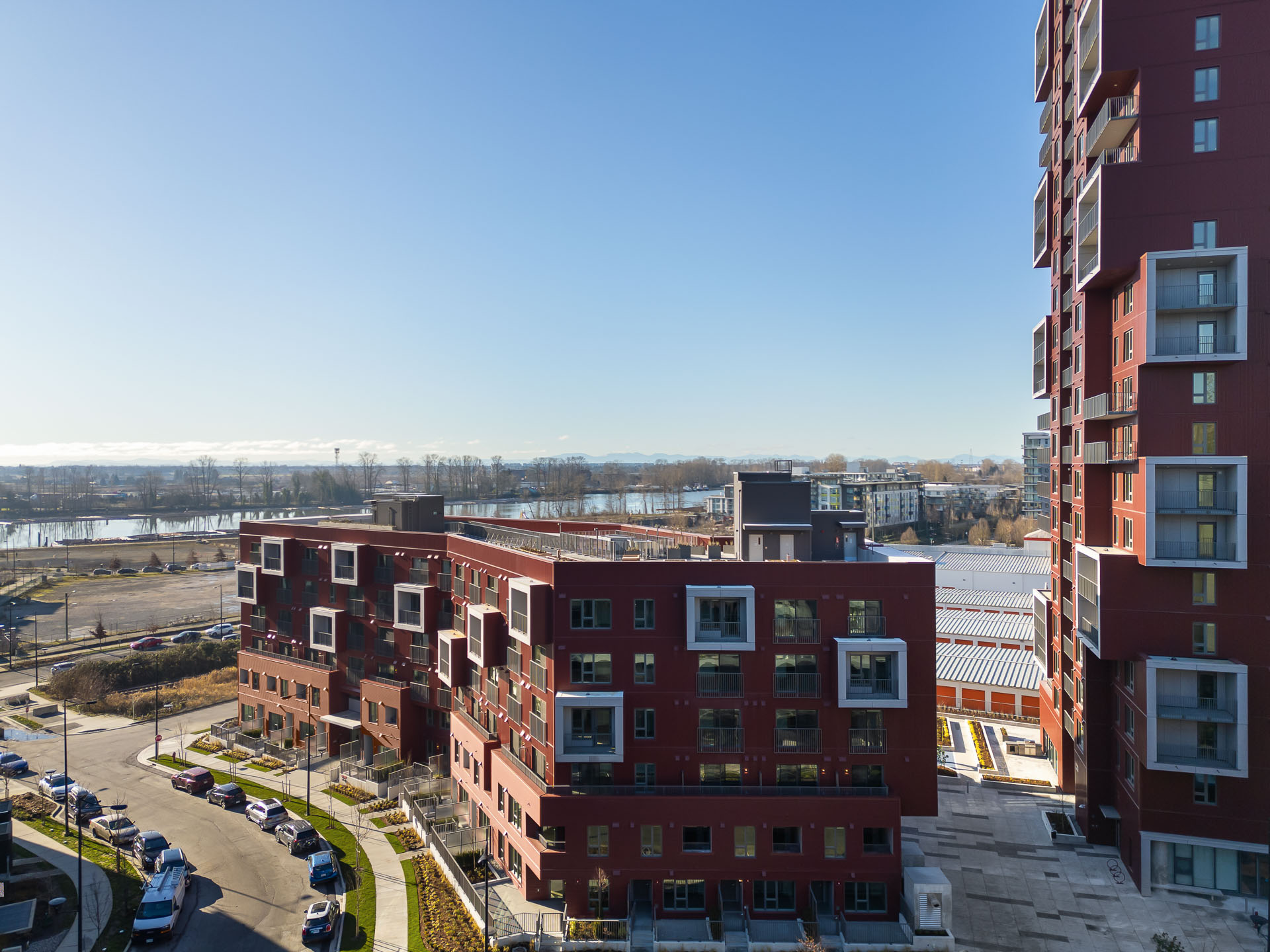 Newly built housing development with the River District of Vancouver in the back ground.